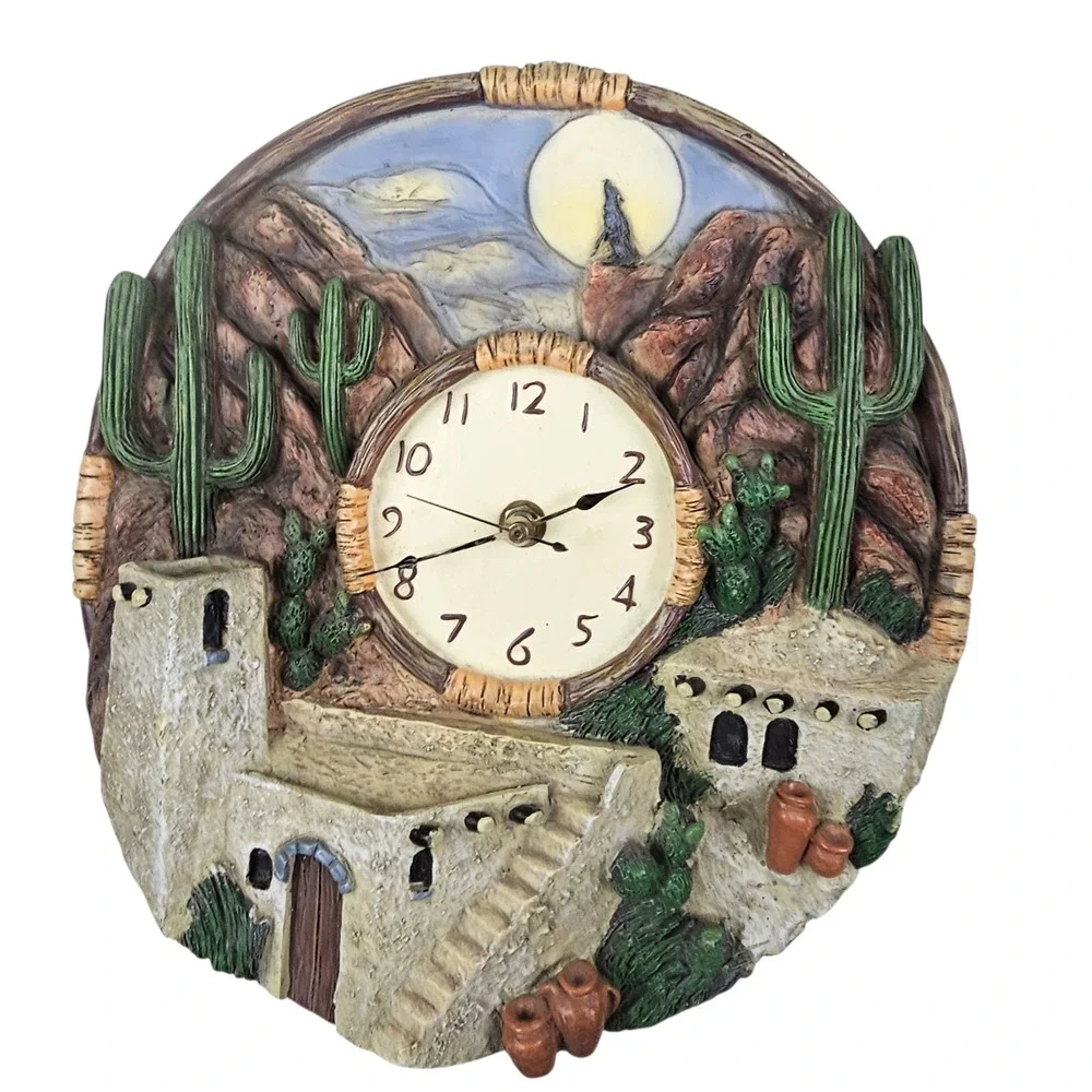 Mallory Lane Southwestern Desert Adobe Cactus Howling Wolf 3D Resin Wall Clock